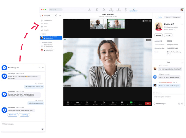 Chat window with arrow handing off to video engagement in Zoom client