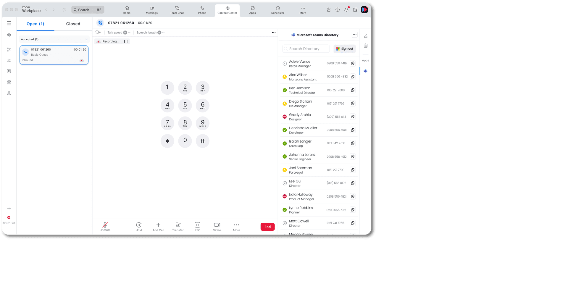 Screenshot of Zoom Client with Accelerate Directory for Microsoft Teams app - highlights indicated by red lines and text annotations